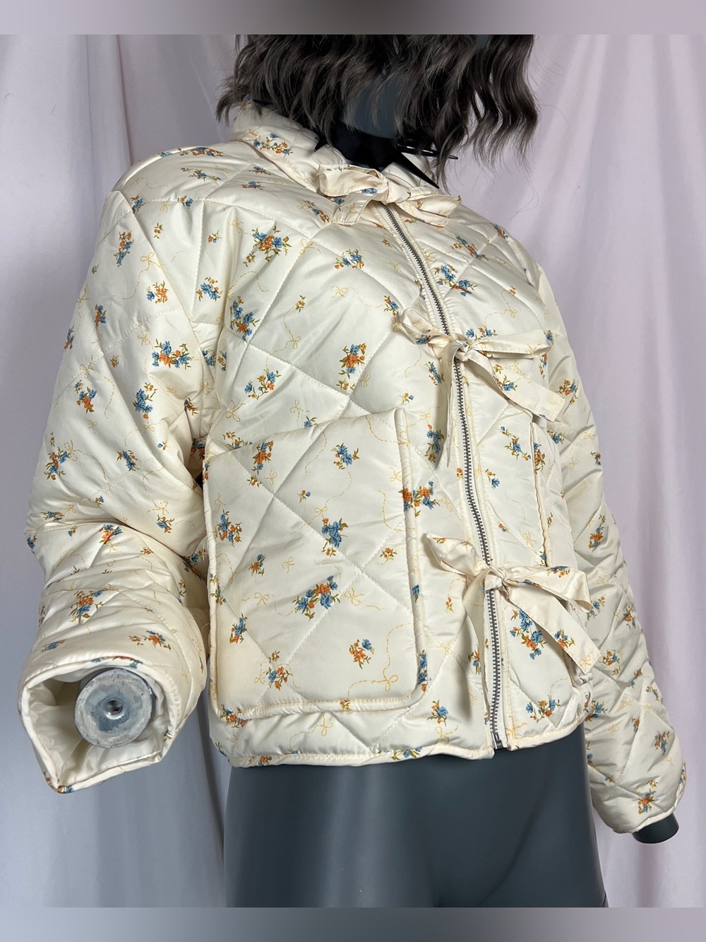 Cream Farmhouse Floral Bow Puffer Coat